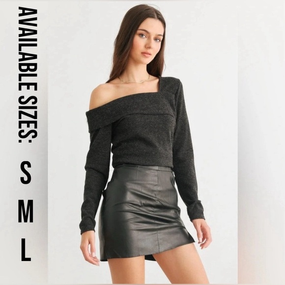 NWT-Charcoal Knit One Shoulder Long Sleeve Top - Picture 1 of 7
